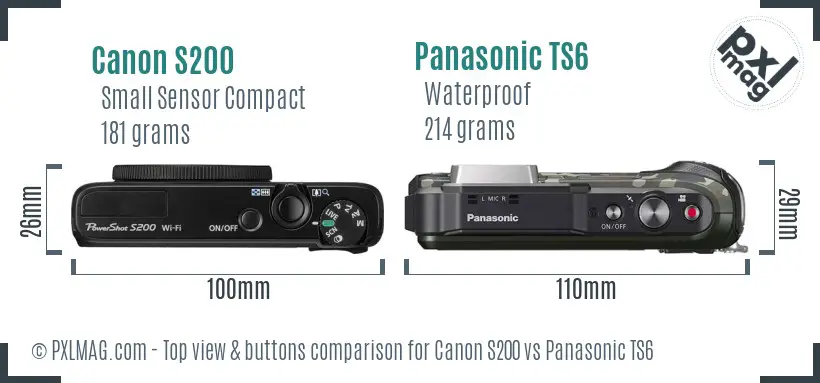 Canon S200 vs Panasonic TS6 top view buttons comparison Canon S200 vs Panasonic TS6 top view buttons comparison