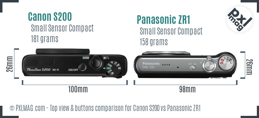 Canon S200 vs Panasonic ZR1 top view buttons comparison