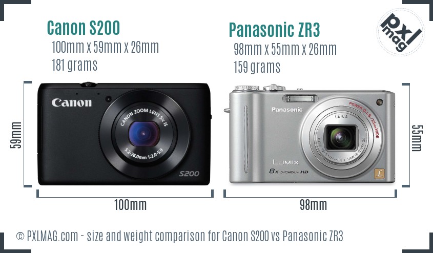 Canon S200 vs Panasonic ZR3 size comparison
