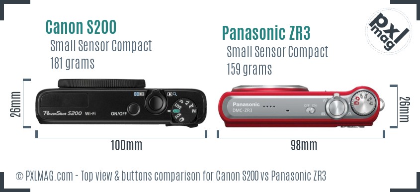 Canon S200 vs Panasonic ZR3 top view buttons comparison