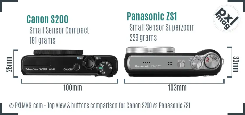 Canon S200 vs Panasonic ZS1 top view buttons comparison