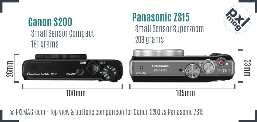 Canon S200 vs Panasonic ZS15 top view buttons comparison