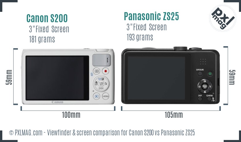 Canon S200 vs Panasonic ZS25 Screen and Viewfinder comparison