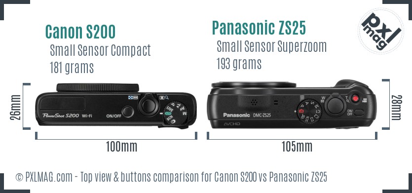 Canon S200 vs Panasonic ZS25 top view buttons comparison