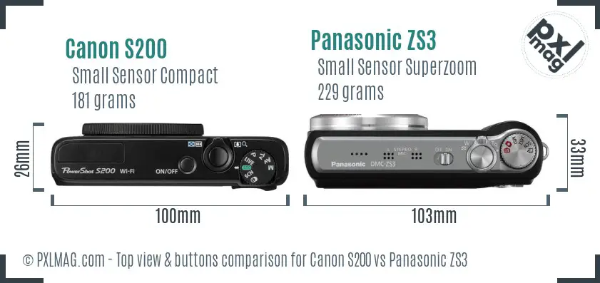 Canon S200 vs Panasonic ZS3 top view buttons comparison
