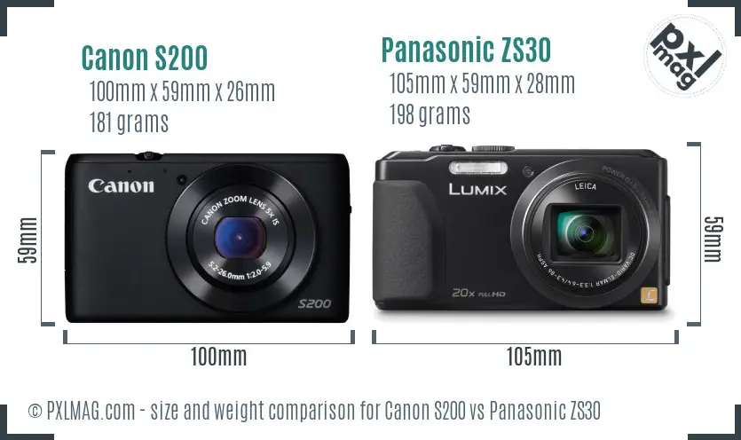 Canon S200 vs Panasonic ZS30 size comparison