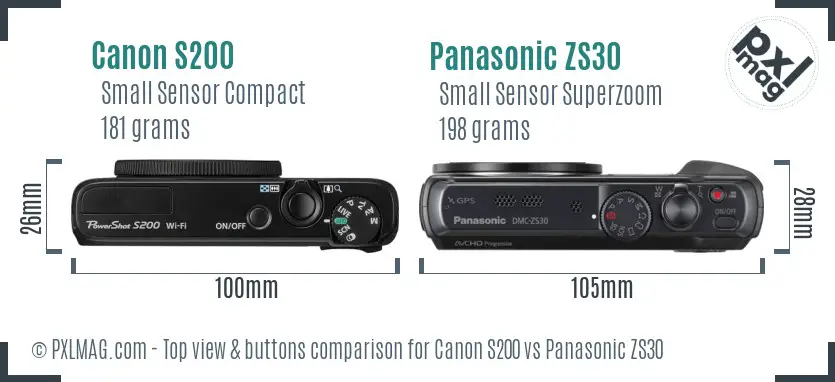 Canon S200 vs Panasonic ZS30 top view buttons comparison