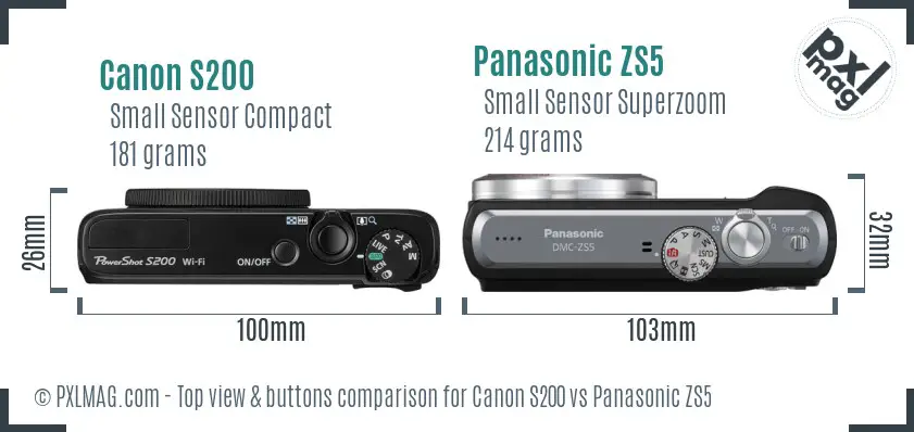 Canon S200 vs Panasonic ZS5 top view buttons comparison Canon S200 vs Panasonic ZS5 top view buttons comparison