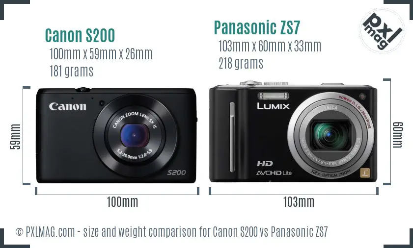 Canon S200 vs Panasonic ZS7 size comparison