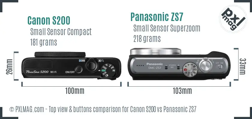 Canon S200 vs Panasonic ZS7 top view buttons comparison