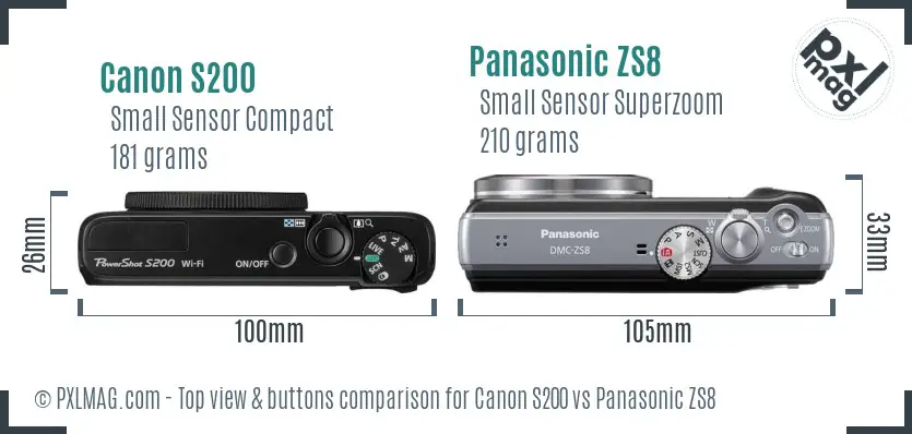 Canon S200 vs Panasonic ZS8 top view buttons comparison