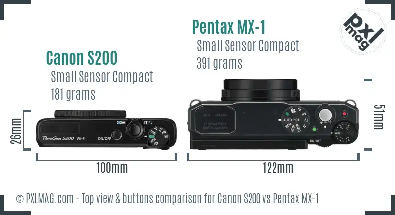 Canon S200 vs Pentax MX-1 top view buttons comparison