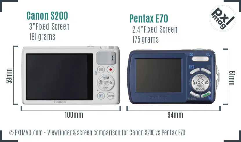 Canon S200 vs Pentax E70 Screen and Viewfinder comparison