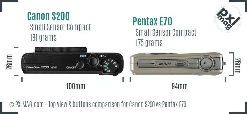 Canon S200 vs Pentax E70 top view buttons comparison