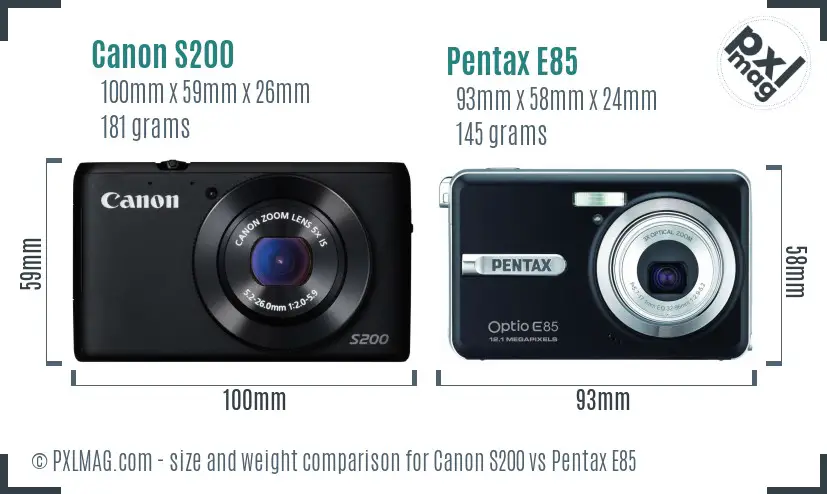 Canon S200 vs Pentax E85 size comparison