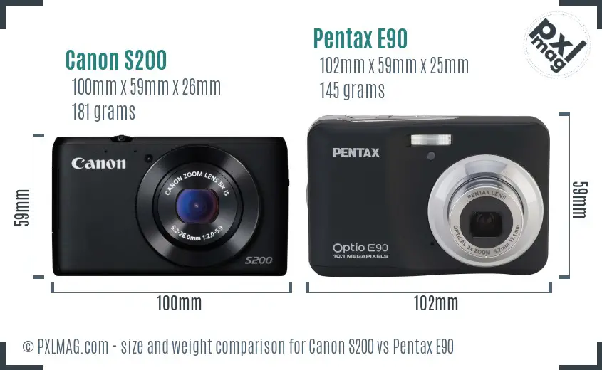 Canon S200 vs Pentax E90 size comparison