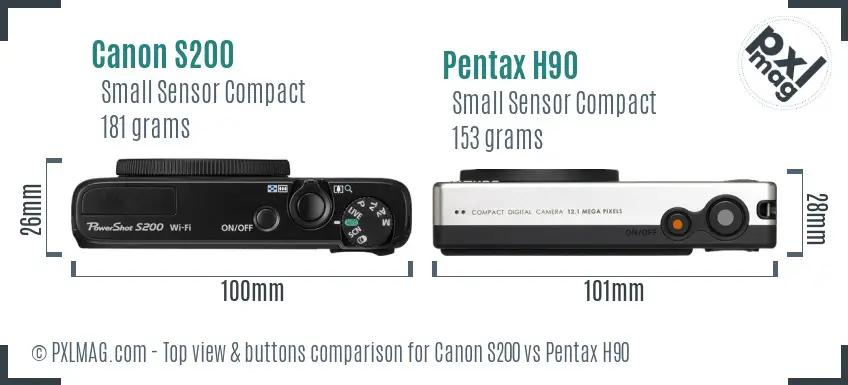 Canon S200 vs Pentax H90 top view buttons comparison