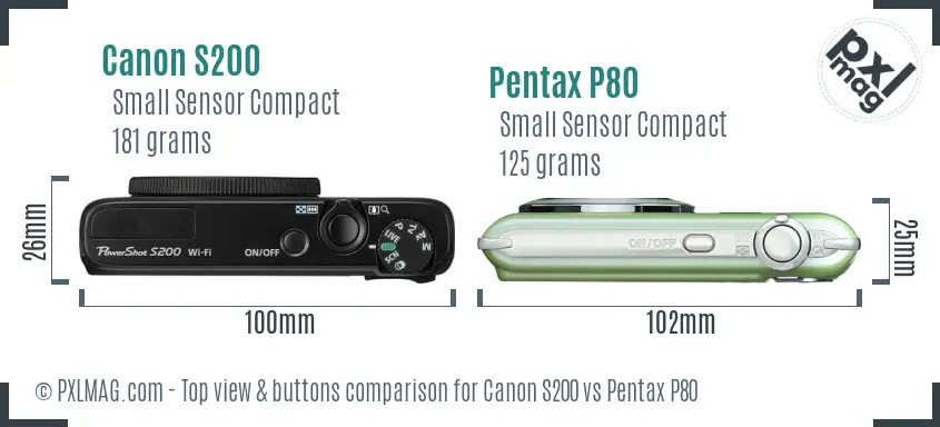 Canon S200 vs Pentax P80 top view buttons comparison