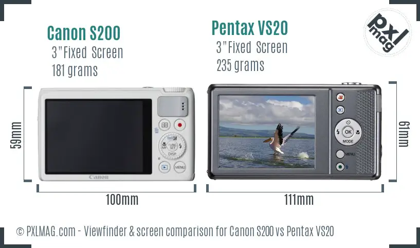 Canon S200 vs Pentax VS20 Screen and Viewfinder comparison