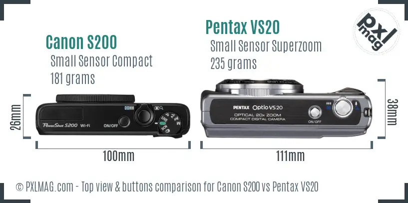 Canon S200 vs Pentax VS20 top view buttons comparison
