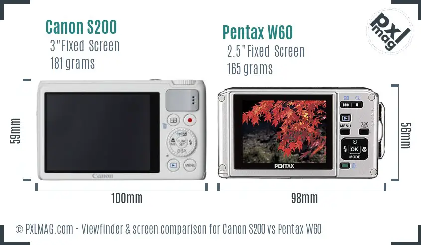 Canon S200 vs Pentax W60 Screen and Viewfinder comparison