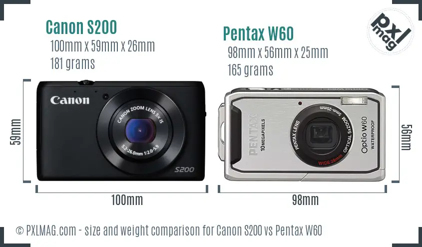 Canon S200 vs Pentax W60 size comparison