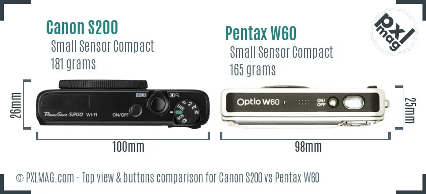 Canon S200 vs Pentax W60 top view buttons comparison