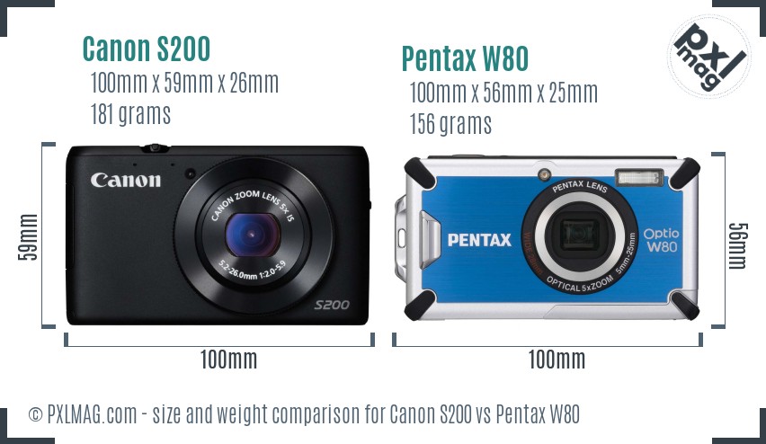 Canon S200 vs Pentax W80 size comparison
