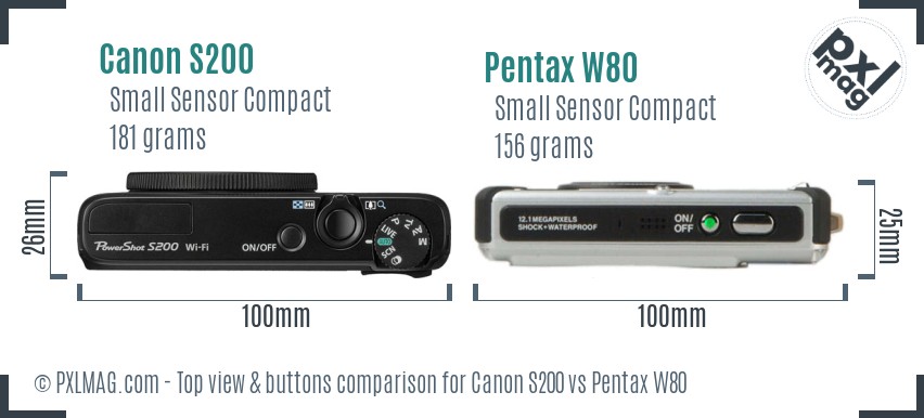 Canon S200 vs Pentax W80 top view buttons comparison
