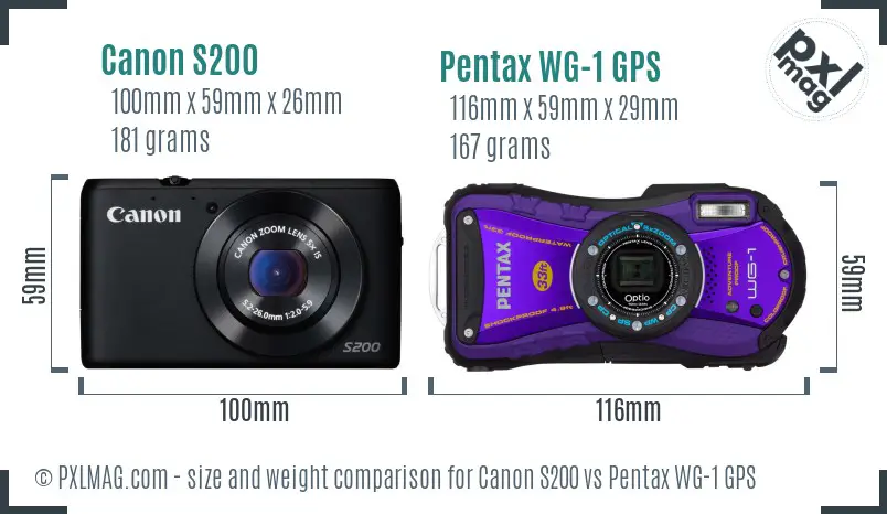 Canon S200 vs Pentax WG-1 GPS size comparison