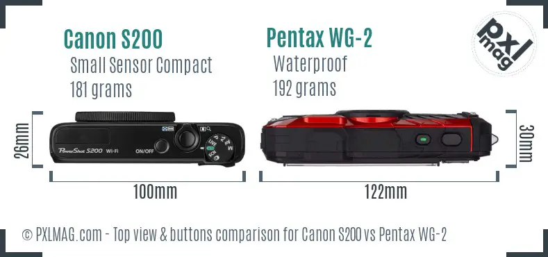 Canon S200 vs Pentax WG-2 top view buttons comparison