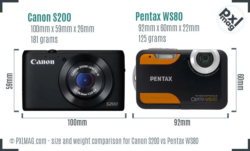 Canon S200 vs Pentax WS80 size comparison