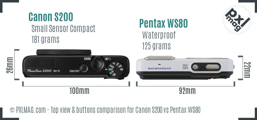 Canon S200 vs Pentax WS80 top view buttons comparison