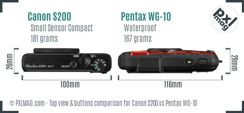 Canon S200 vs Pentax WG-10 top view buttons comparison Canon S200 vs Pentax WG-10 top view buttons comparison