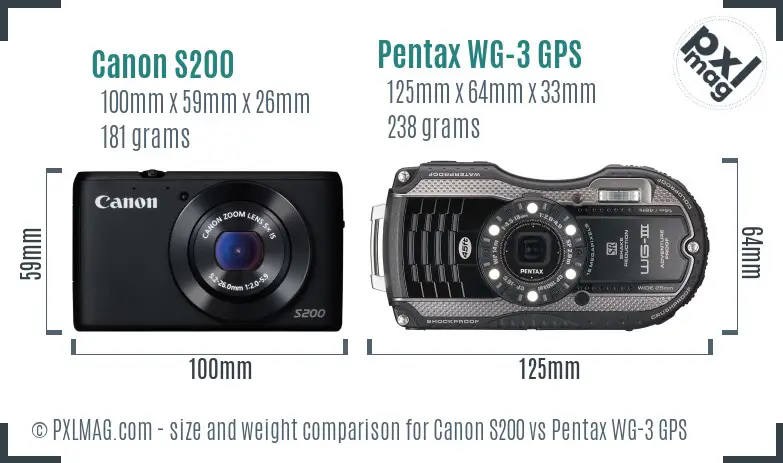 Canon S200 vs Pentax WG-3 GPS size comparison