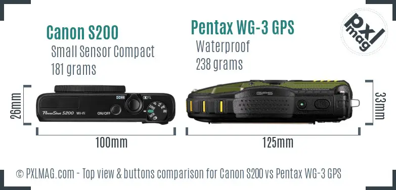 Canon S200 vs Pentax WG-3 GPS top view buttons comparison
