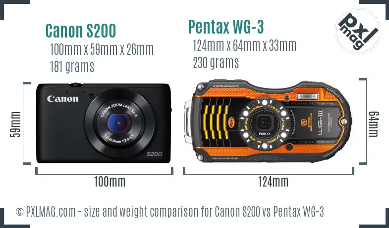 Canon S200 vs Pentax WG-3 size comparison