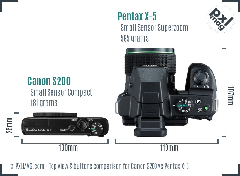 Canon S200 vs Pentax X-5 top view buttons comparison