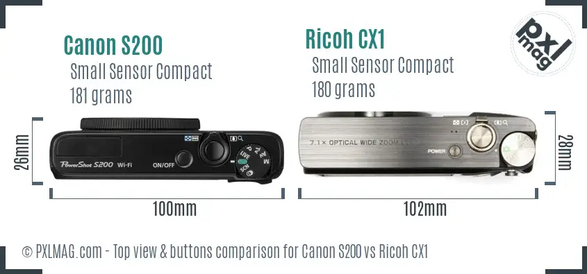 Canon S200 vs Ricoh CX1 top view buttons comparison