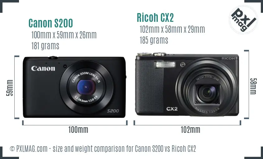 Canon S200 vs Ricoh CX2 size comparison Canon S200 vs Ricoh CX2 size comparison