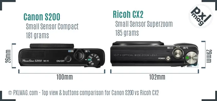 Canon S200 vs Ricoh CX2 top view buttons comparison Canon S200 vs Ricoh CX2 top view buttons comparison