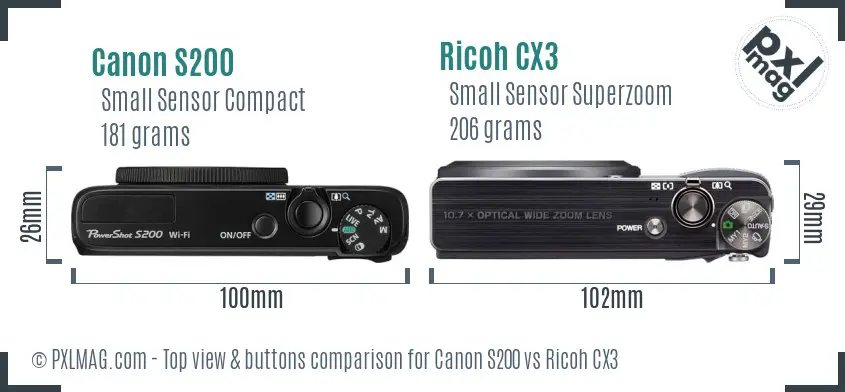 Canon S200 vs Ricoh CX3 top view buttons comparison Canon S200 vs Ricoh CX3 top view buttons comparison