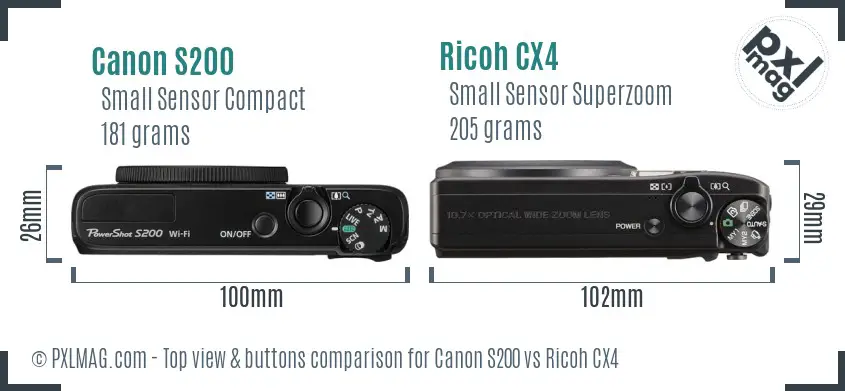 Canon S200 vs Ricoh CX4 top view buttons comparison Canon S200 vs Ricoh CX4 top view buttons comparison