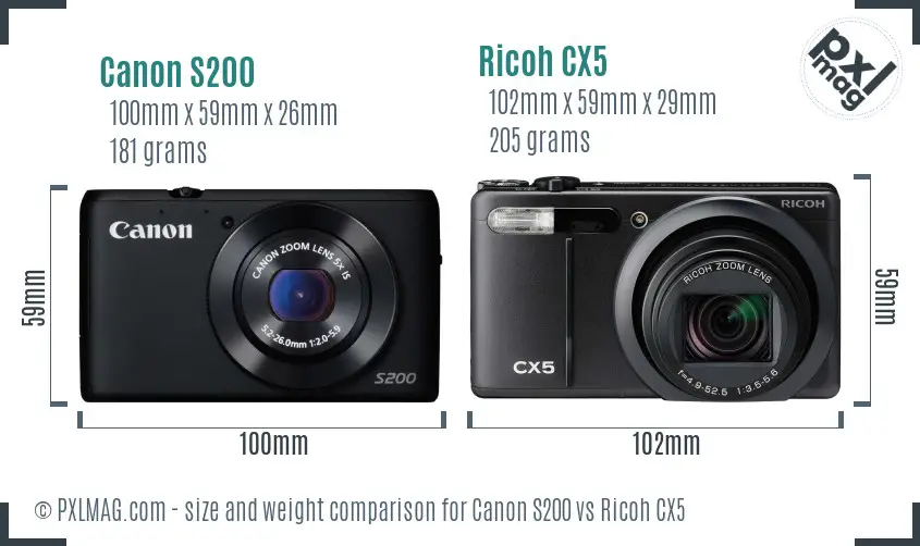 Canon S200 vs Ricoh CX5 size comparison Canon S200 vs Ricoh CX5 size comparison