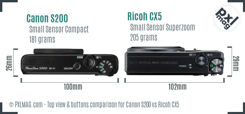 Canon S200 vs Ricoh CX5 top view buttons comparison Canon S200 vs Ricoh CX5 top view buttons comparison