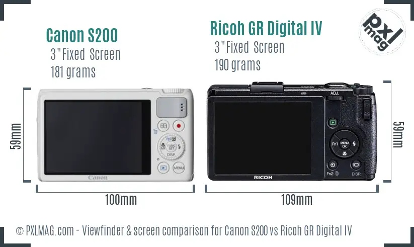 Canon S200 vs Ricoh GR Digital IV Screen and Viewfinder comparison