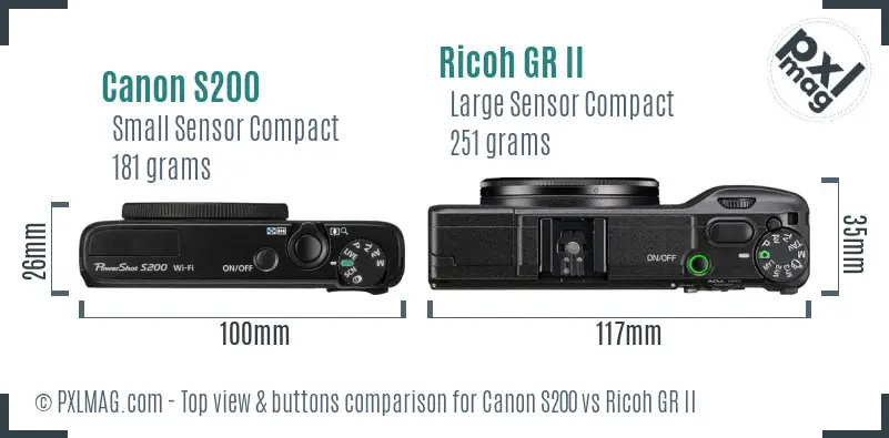 Canon S200 vs Ricoh GR II top view buttons comparison