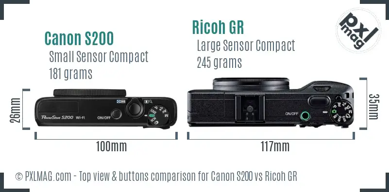 Canon S200 vs Ricoh GR top view buttons comparison Canon S200 vs Ricoh GR top view buttons comparison