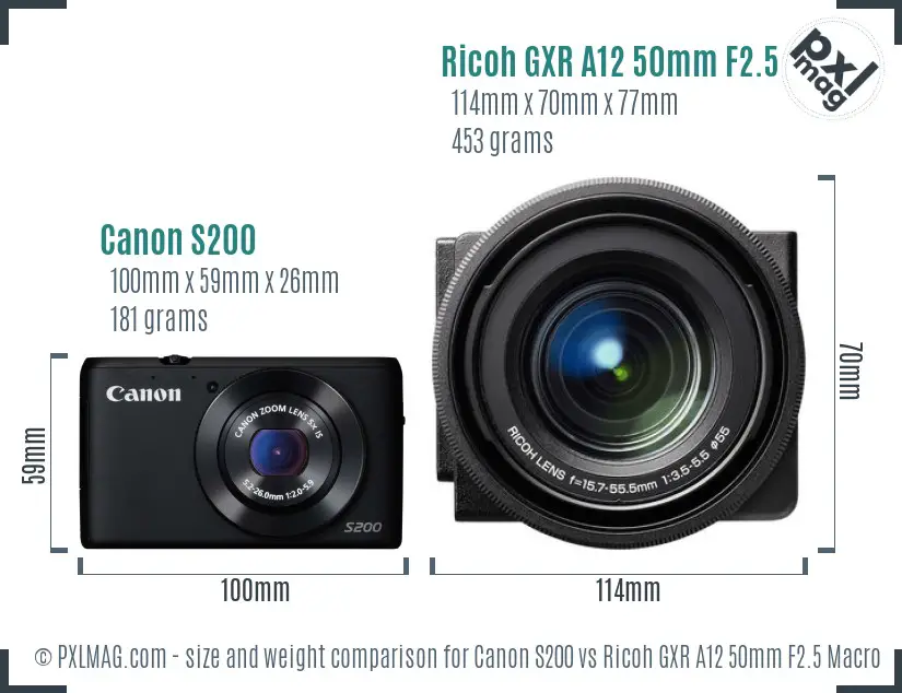 Canon S200 vs Ricoh GXR A12 50mm F2.5 Macro size comparison Canon S200 vs Ricoh GXR A12 50mm F2.5 Macro size comparison