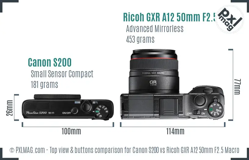 Canon S200 vs Ricoh GXR A12 50mm F2.5 Macro top view buttons comparison Canon S200 vs Ricoh GXR A12 50mm F2.5 Macro top view buttons comparison